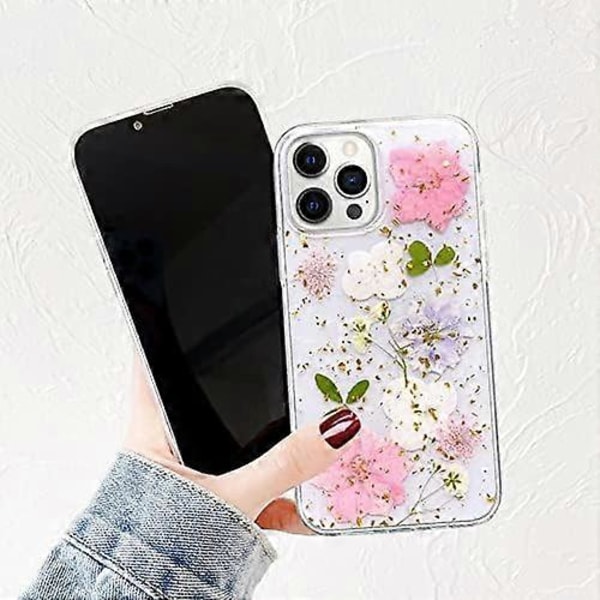 Designat för iPhone 13 Pro Max Pressat Blomfodral, Sött Bling Glitter Glittrigt Genomskinligt med Design Mjukt Silikon TPU Gummi Torkad Äkta Blommig Estetik