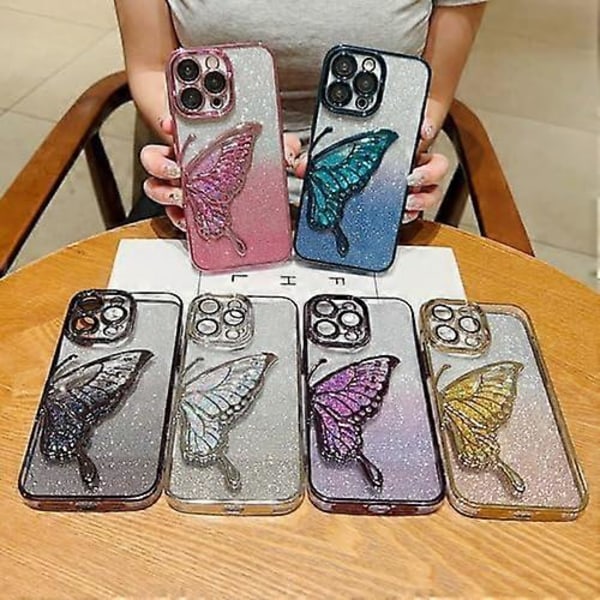 Skal för Kvinnor/Flickor, Gradient Glitter Fjäril Kvicksand Plätering Transparenta Mobilskal för iPhone Kompatibla med iPhone 15 Pro Max, Silver