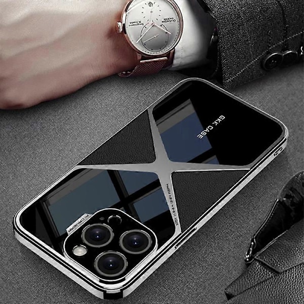 För iPhone 14 Pro Max Skarvad Telefonfodral Läderbelagd TPU+PC Hybrid Skal