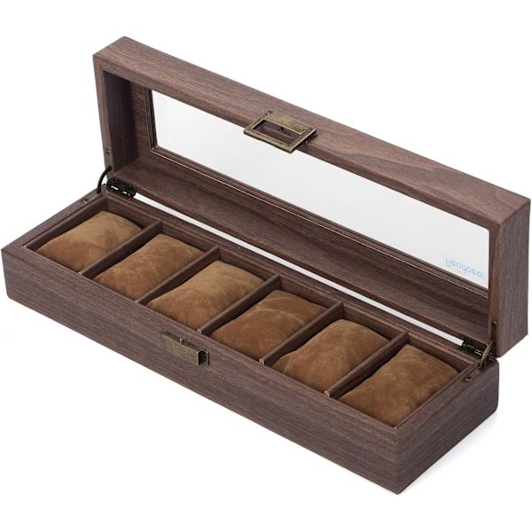 Fodral för 6 klockor/display/box/förvaring för klockor i PU och trämönstrat glas