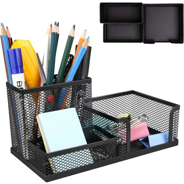 Mesh Skrivebordsorganisator Sort Skrivebord Kontorartikler Caddy med Penholder og Opbevaringskurve til Skrivebordstilbehør med 3 Rum (3 I 1)