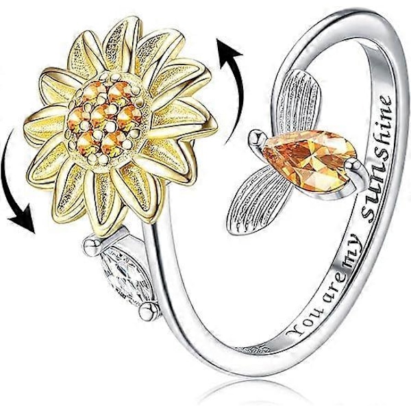 S925 Sterling Silver Fidget Ringar för Kvinnor Justerbar Öppen Ring Kubisk Zirkonia Solros You are My Sunshine Ring Spinner Gåva för Alla Hjärtans Dag