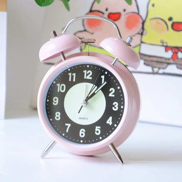 Retro dobbelt klokke vækkeur, lydløs sengelampe uden tikken pink