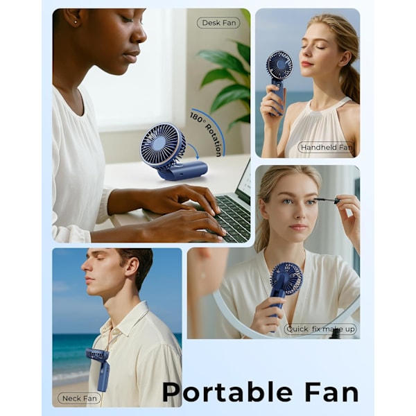 Bærbar håndholdt ventilator, genopladelig 3600mAh, 180° justerbar, 6 hastigheder, foldbar, blå blue
