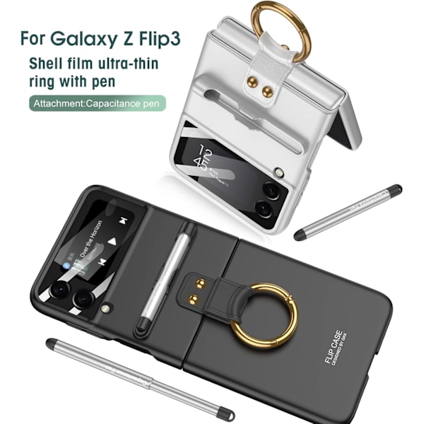 Puhelinkotelo sormuksella ja kääntyvällä kannella sekä kapasitiivisella kynällä Samsung Galaxy Z Flip 3:lle silver