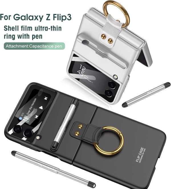 Telefonfodral med Ring Flip Cover och Kapacitiv Penna för Samsung Galaxy Z Flip 3 silver