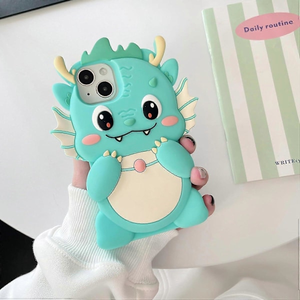 1 st Fodral för iPhone 15 Pro Max, Kawaii Mobilskal 3D Silikon Tecknad Drakgrön Roligt Sött Skal Mjukt Gummi Stötsäkert Skyddande Fodral Kvinnor Flickor