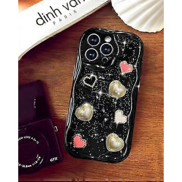 Fodral Flickor Kvinnor - Sött Flickigt Kärlekshjärta Telefonskal för iPhone 14Pro Max Svart Glittrigt Skinande Våg Vacker Unik Design Funda för iPhone 14 Pro Max
