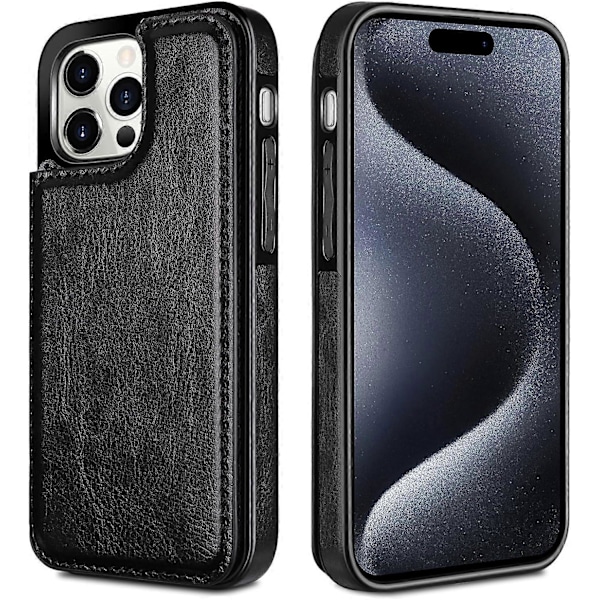 iPhone 15 Pro Wallet Etui med Kortholder Slids Stødsikkert Etui Flip Folio Blødt PU Læder Magnetisk Lukning Beskyttelses Etui Cover (Sort)