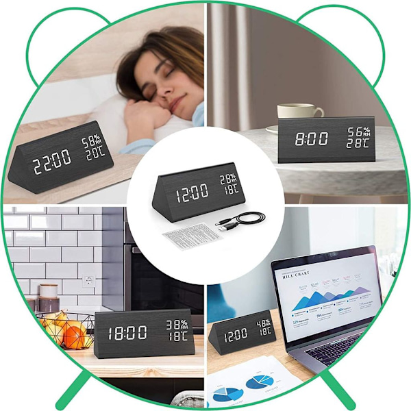 Digital väckarklocka med LED-display och träsiffror