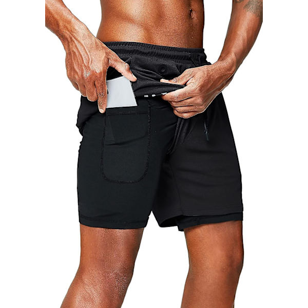 2 i 1 Løbeshorts med Telefonlomme Gym Træning Hurtigtørrende Herreshorts 5 Tommer Sort