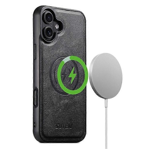 Magnetiskt skal för iPhone 16 Plus med kortfack, läderbaksida med kohudstextur