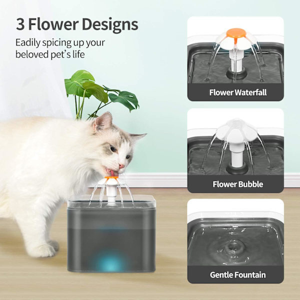 Kattfontän 2L - Tyst vattendispenser för katter och hundar, Grå Grey