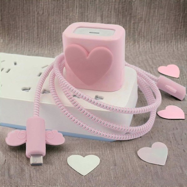 Kabelbeskytter for iPhone-lader, silikon laderbeskyttelsessett - Søtt kabeldeksel silikon ladeetui for 18W/20W iPhone-lader, rosa hjerte Bla