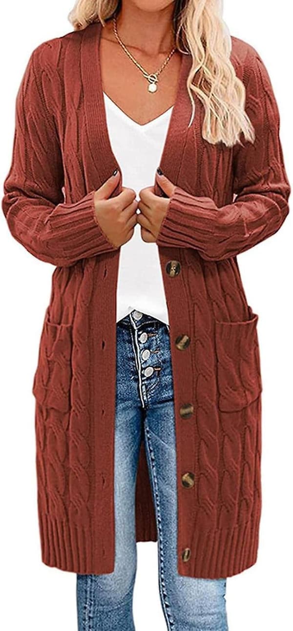 Langærmet kabelstrikket lang cardigan til damer med åben front, sweater med knapper, overtøj, grå