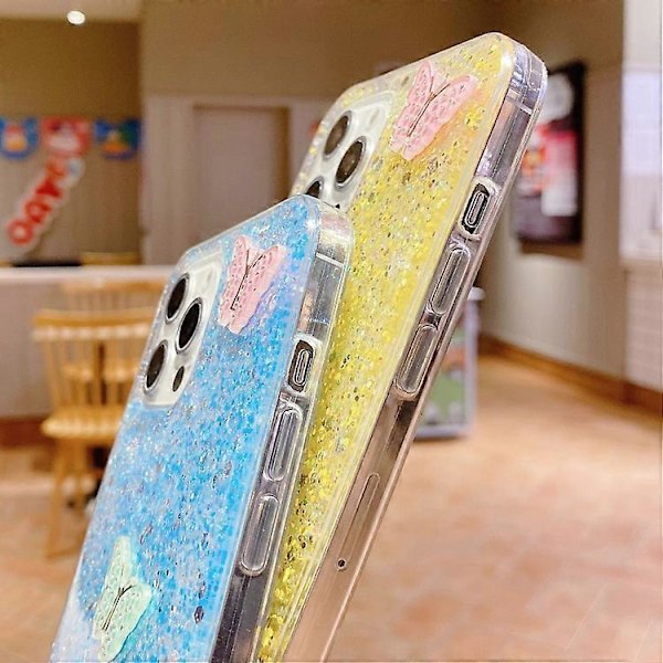 För iPhone 15 Stjärnklara Paljetter Strass Färgade Fjärilar Epoxi TPU Mobiltelefon Skal