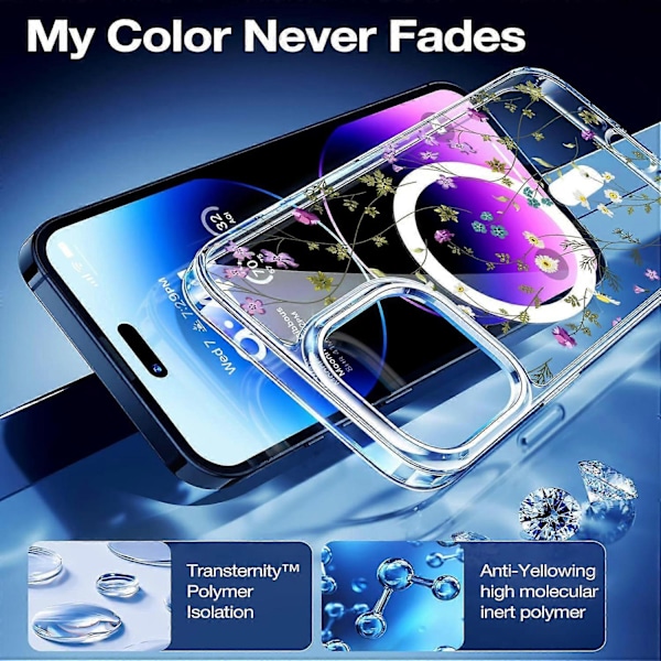 Blomsterserie TPU+PC telefoncover til iPhone 16 Pro Max, kompatibelt med MagSafe