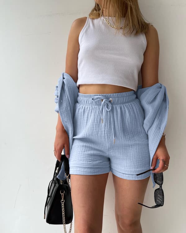 Dam Crinkle Krage Långärmad Skjorta Hög Midja Dragsko Shorts Mode Avslappnad Tvådelad Set Ljusblå S