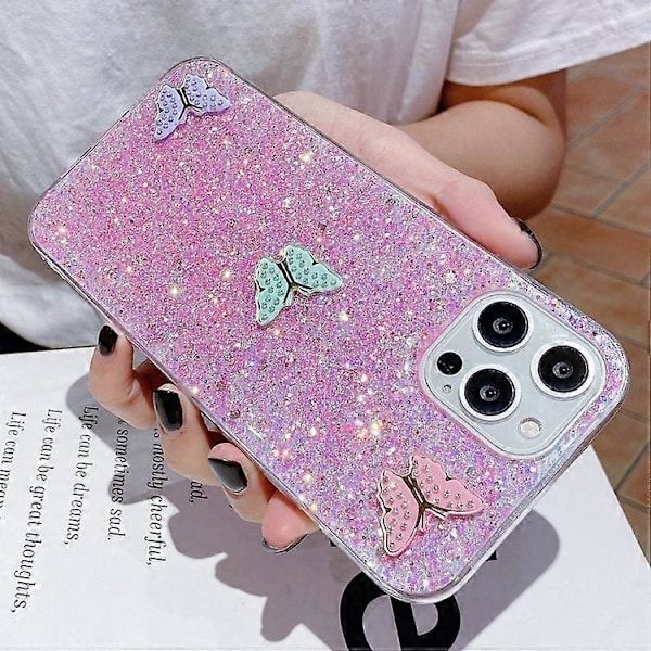 För iPhone 15 Stjärnklara Paljetter Strass Färgade Fjärilar Epoxi TPU Mobiltelefon Skal