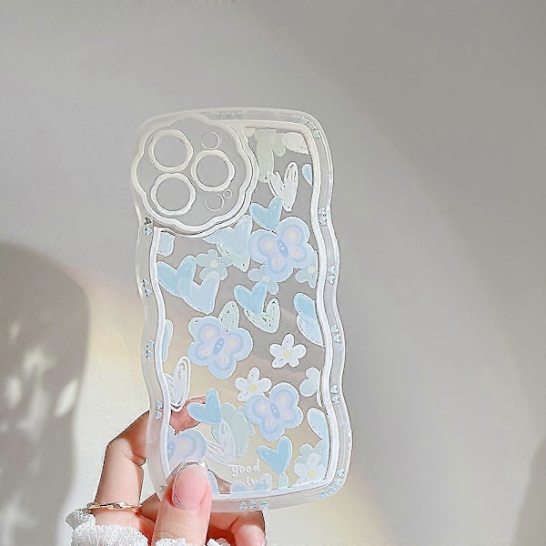 För iPhone 13 Pro Max Transparent TPU Mobilskal Hjärta Form Fjärilsmönster Mobilskal med Pärlkedja