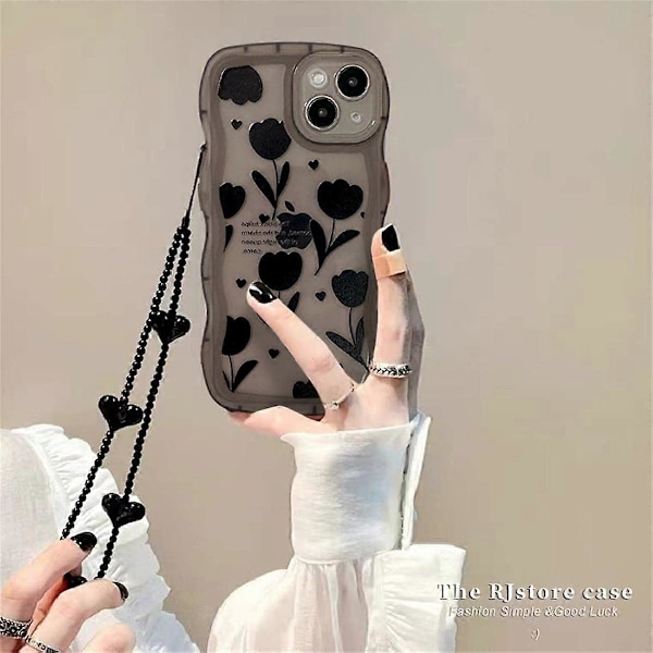 Kompatibelt skal för iPhone 14/iPhone 13 med sött, enkelt svart blomstermönster Design Kvinnor Tonårsflickor Linsskyddsskal för iPhone 14/13+Svart