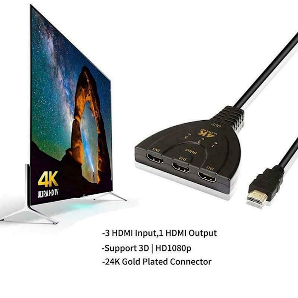 HDMI 3-i-1 kabelsplitter, bryter, adapter, Full HD 4K 1080P