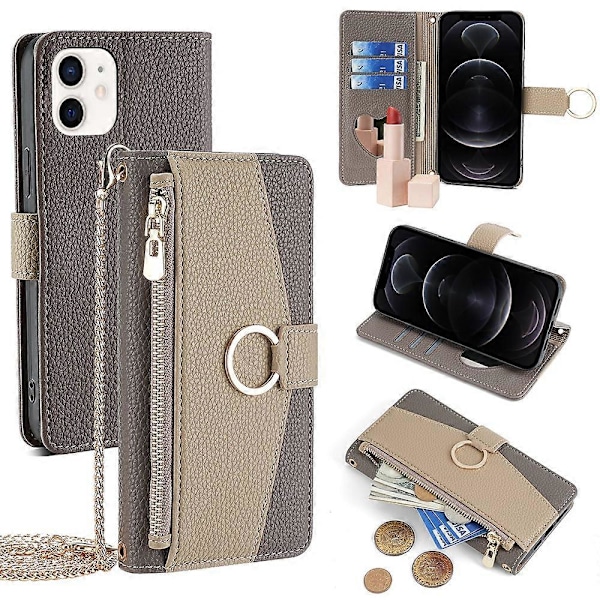 Etui med stativ og rem til iPhone 12/12 Pro, PU læder, pung, telefoncover, kortholder