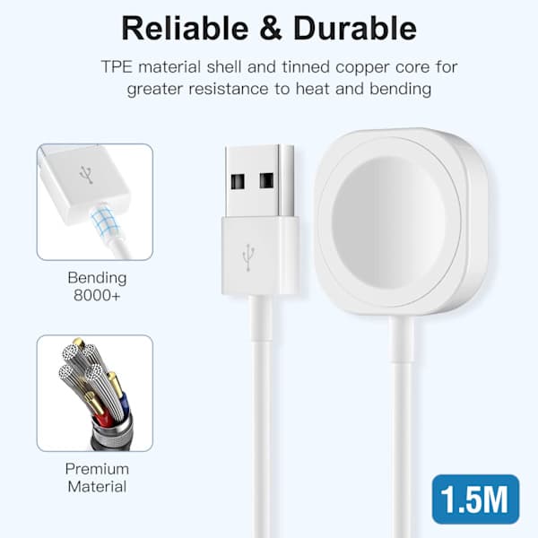 Apple Watch-kompatibel lader - 1,5 m rask magnetisk ladekabel, iWatch Series 2-9, hvit