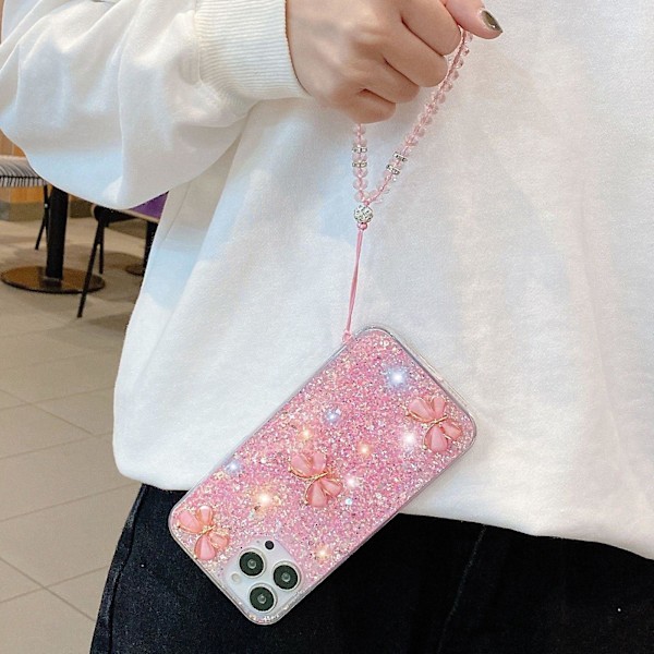 Stjerneglimmer Jade Sommerfugl Epoxy TPU Telefoncover med Rem til iPhone 12 Pro Max