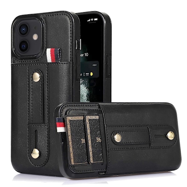 iPhone 12 mini -puhelimen ranneke, jalusta ja lompakko, nahkainen puhelinkotelo