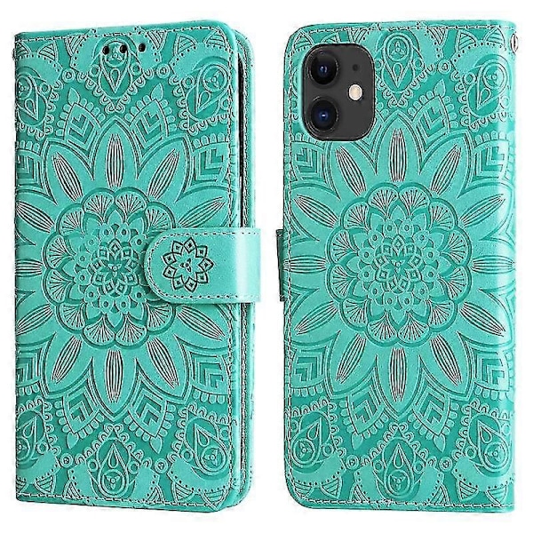Præget solsikke læder telefoncover til Iphone 12 Mini (grøn)