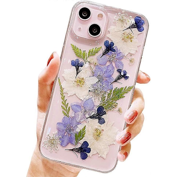 Skal till iPhone 13 Blommor, Genomskinligt Sött Pressat Äkta Blomdesign Transparent Mjukt TPU Gummi Slim Skyddande Blommigt Fodral för Kvinnor Flickor till iPhone 13