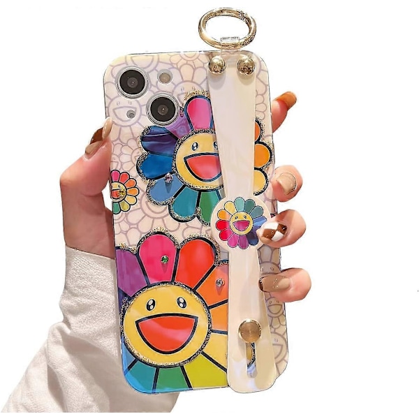 1 st för iPhone 13 Skal Sött med Handledsrem Ställ Glitter Bling Tecknat Mjukt TPU Stötsäkert Skyddande Skal Fodral för Tjejer och Kvinnor - Sunfl