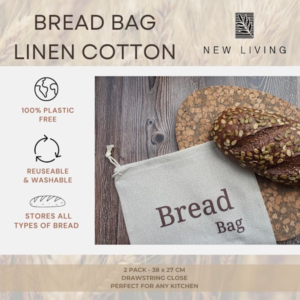 2 Pakning Naturlig Lin Brødpose | Økologisk Blanding | 2 x Gjenbrukbare Brødposer | Matlagringspose | Brødoppbevaringsposer | 38x27 cm | Øko Brødpose