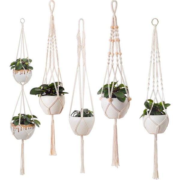 5 st Set med Hängande Macrame-korgar med Bohemisk Dekor i Bomullsrep (Beige)