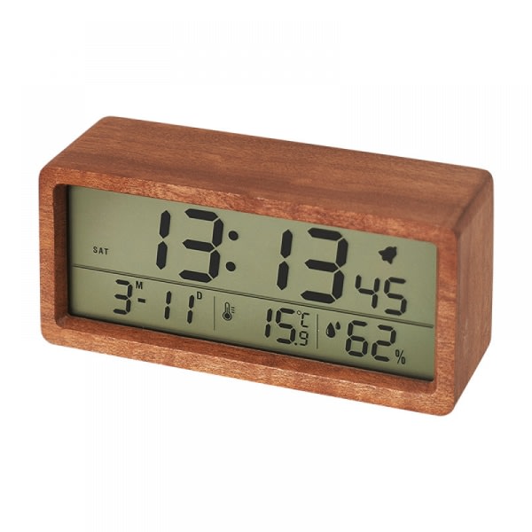 Digital väckarklocka i trä, kalender, temperatur- och luftfuktighetsskärm, 12/24 timmar, Celsius eller Fahrenheit-växling - brun