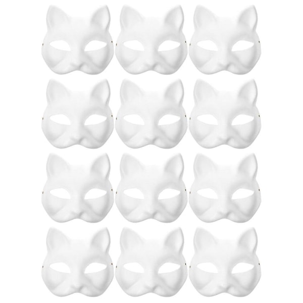 12 st Ommålade Masker Kattmasker Kostym Cosplay Mask Förskola Gör det själv Omålade Kattmasker Vit 18.5X16.5X6CM Vit【GKS】