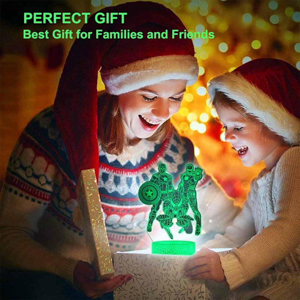3D Natlampe, 3D Illusion Lampe med 16 Farveskiftende Fjernbetjening, USB-Portabel Touch LED Natlampe, Julegave Fødselsdagsgave til Børn hjältar