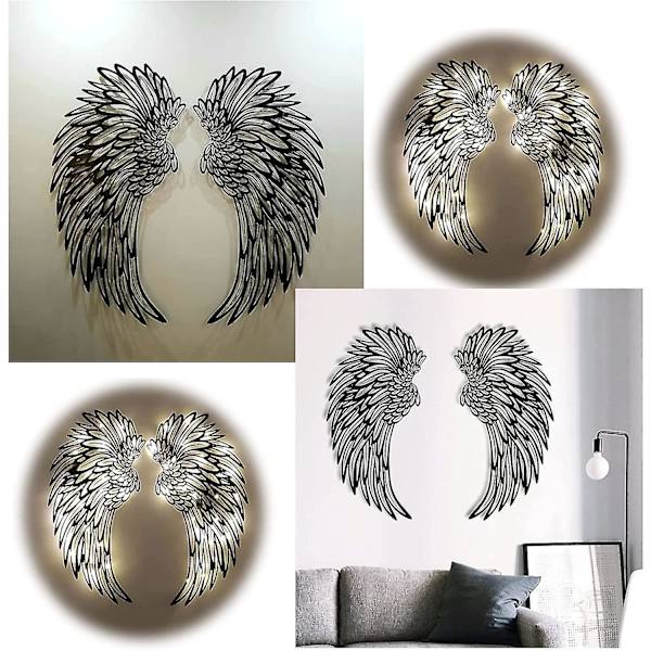 Par ängelvingar Metallväggkonstdekor med LED-ljus, 3D ängelvingar Väggskulpturer Dekor för hem Sovrum Vardagsrum Trädgårdskontor 35 cm