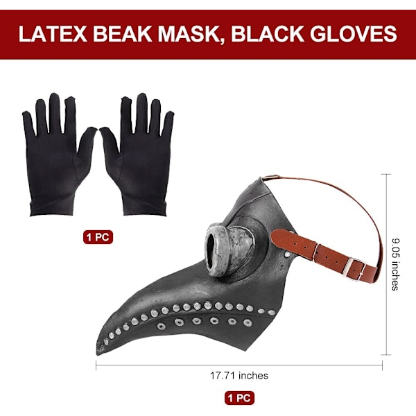 Pestdoktor Mask Halloween Fågelmask Retro Nitar Steampunk Latexmask