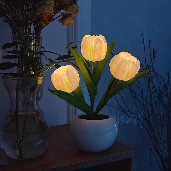 Håndlavet tulipan natlampe, gør-det-selv boligindretning simuleret blomst soveværelse bordlampe (3 blomster)