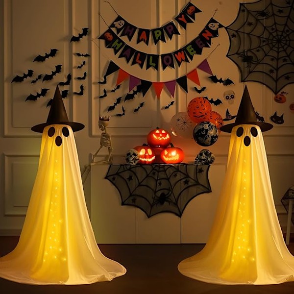2 pakker Halloween-dekorasjoner utendørs, Halloween-festdekorasjoner innendørs, skummel spøkelsesdekor med fjernkontrollstrenglys, Halloween 2