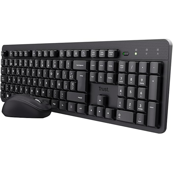 Ymo II set Spanskt QWERTY trådlöst tangentbord och mus, tysta knappar, låg profil, stänksäker, en USB-mottagare, Windows, Mac, PC, Laptop - Svart
