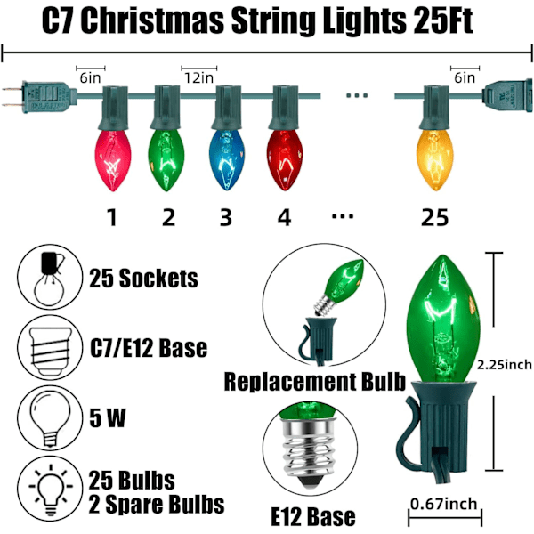 C7 Flerfärgade Julbelysning Vintage Julgransbelysning Inomhus C7-25Lights
