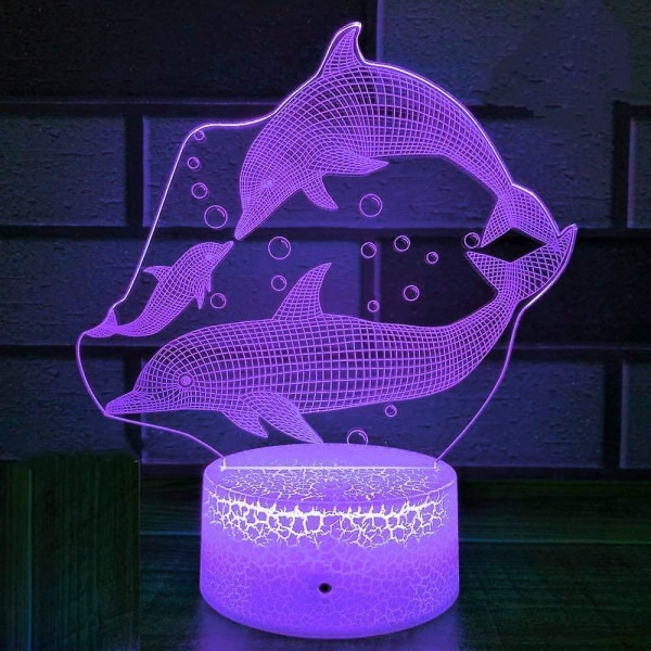 3D Delfin Form Natlampe 7 Farve Skift LED Bordlampe Akryl Flad ABS Base USB Oplader Hjem Fødselsdag Jul Barn Børn Gave