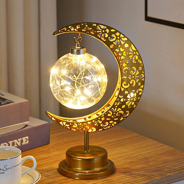Ramadan bordlampe med halvmåne, skinnende metall, stjernelampe, månelampe, batteridrevet, dekorativ Eid-lampe, nattlys, månelys for bar Moon ball hook
