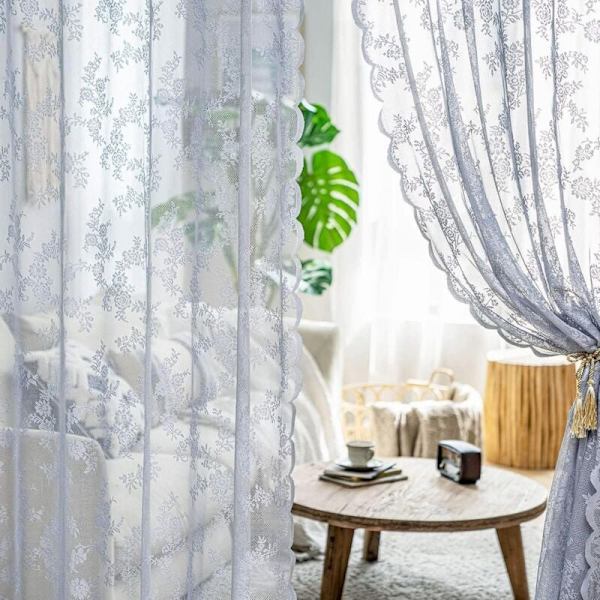 Spetsgardin - Blommig broderad spetsgardin med böjda kanter, grå blommig spetsgardin, filtrerande gardiner för B