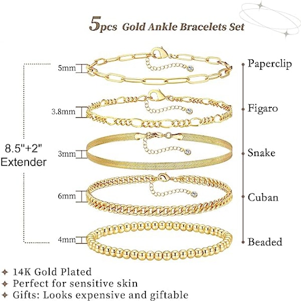 Ankelarmband för kvinnor, 14k guldpläterad vattentät flerskikts kubansk Figaro länk kedja fotlänk set guld fotlänk smycken gåva justerbar storlek 5pc