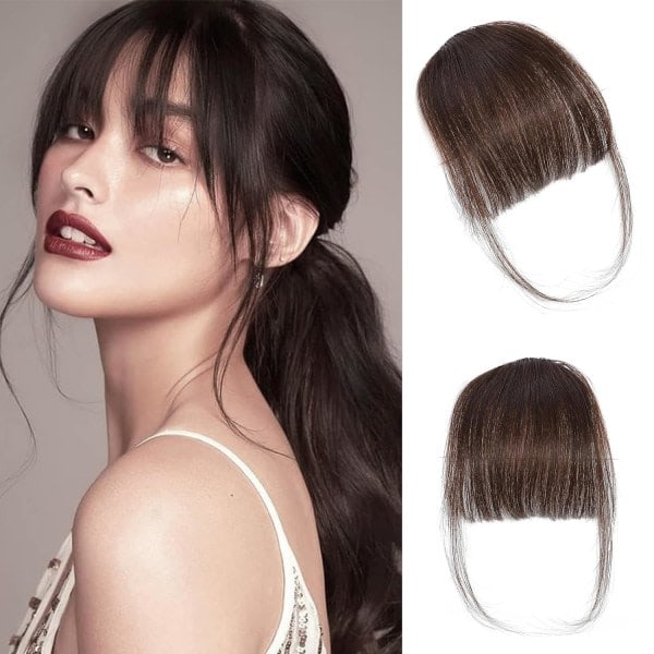 Dark Brown Human Hair Clip In Bangs For Women - Shaggy Air Curtain Lashes With Temple Daily Wear Curly Hair Extension Dark Brown