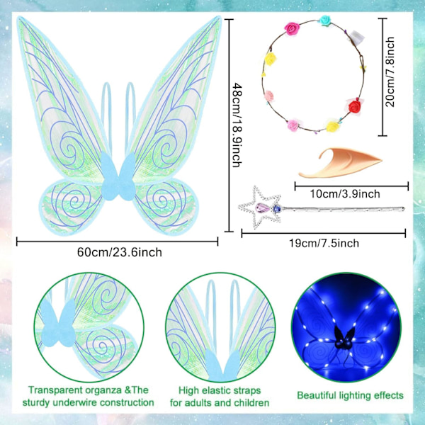 Glimtende Fe-Vinger til Voksne, LED Pandebånd til Fe-Temafester Stjerneklar Blå Stjärnblå Stjärnblå